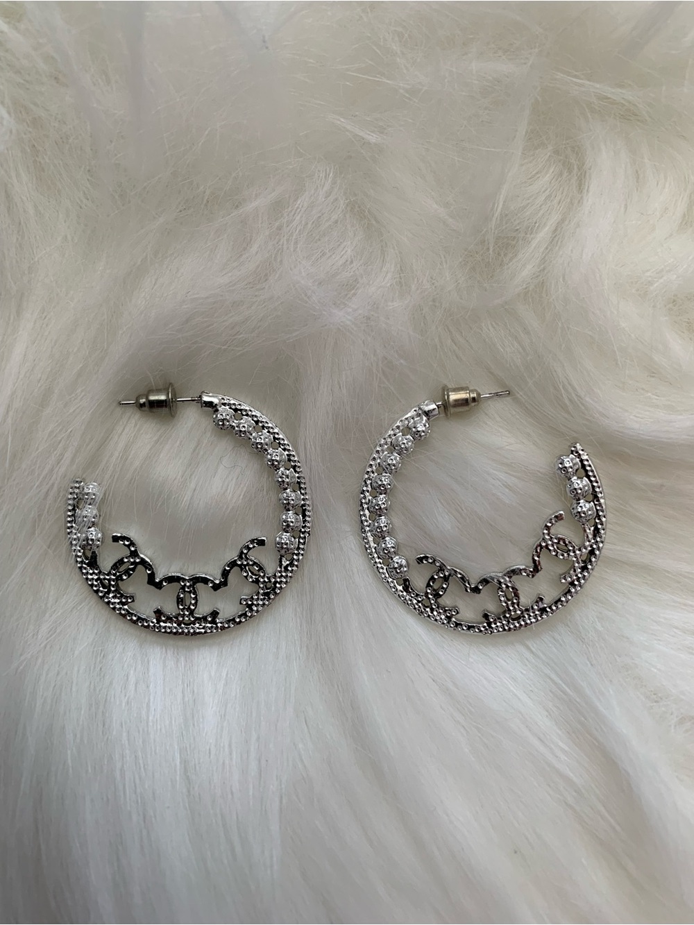 Silver Hoop Earrings with Interlocking CC Motif and Crystal Accents